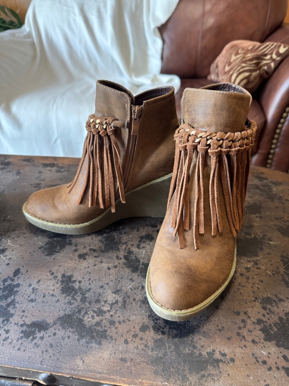 Fringe Trim Brown Wedge Ankle Boots Size 9